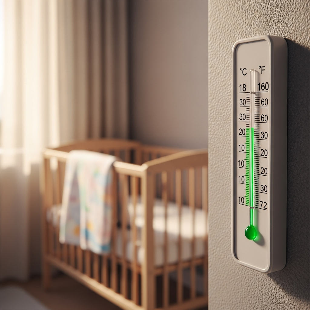 Ideal room temperature for baby sleep shown on nursery thermometer