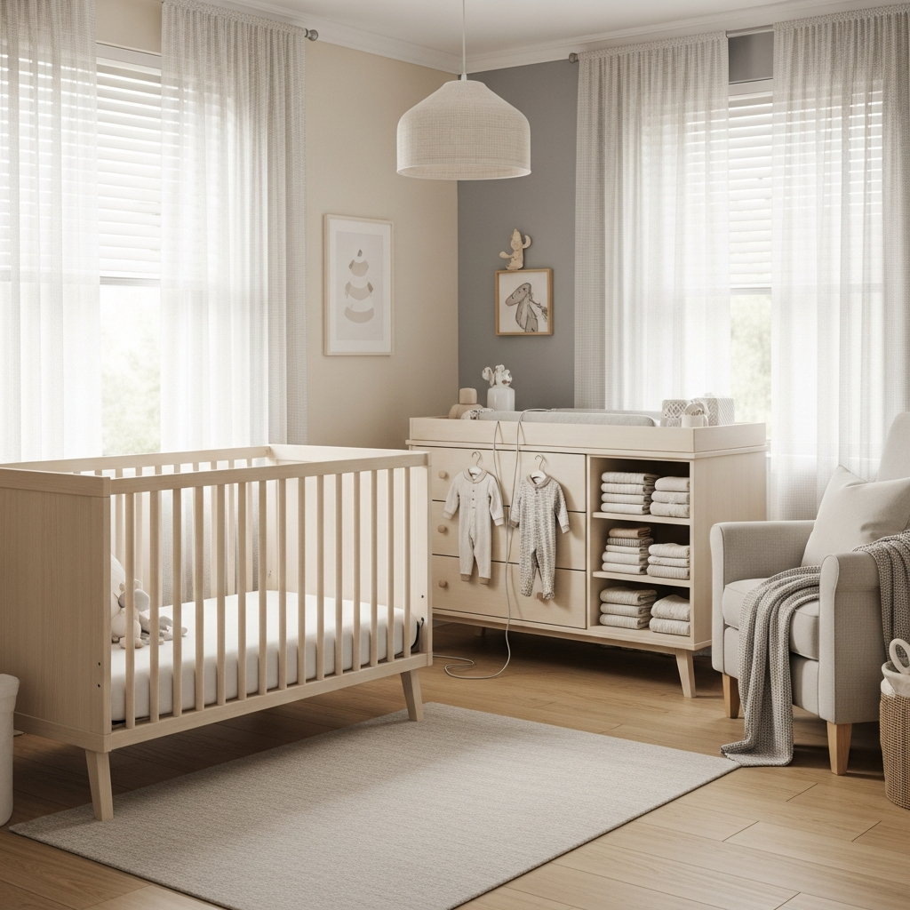 safe nursery setup with anchored furniture and organized baby clothes for childproofing