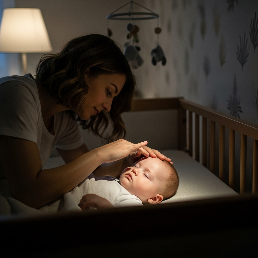 Regulación de temperatura para el sueño del bebé Padre o madre revisando la regulación de la temperatura del bebé durante el sueño