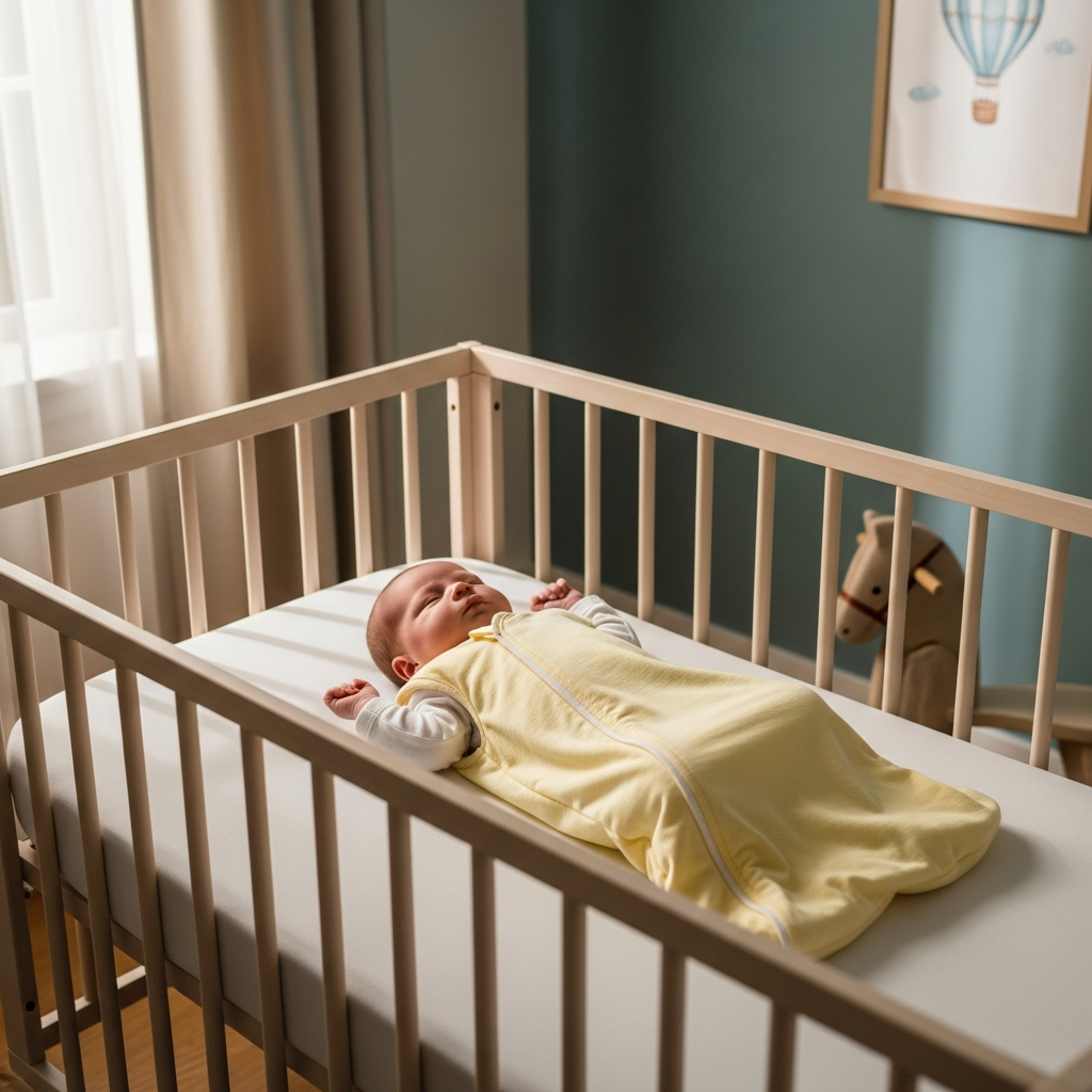Bebé recién nacido en saco de dormir seguro demostrando ropa de dormir adecuada para la seguridad infantil