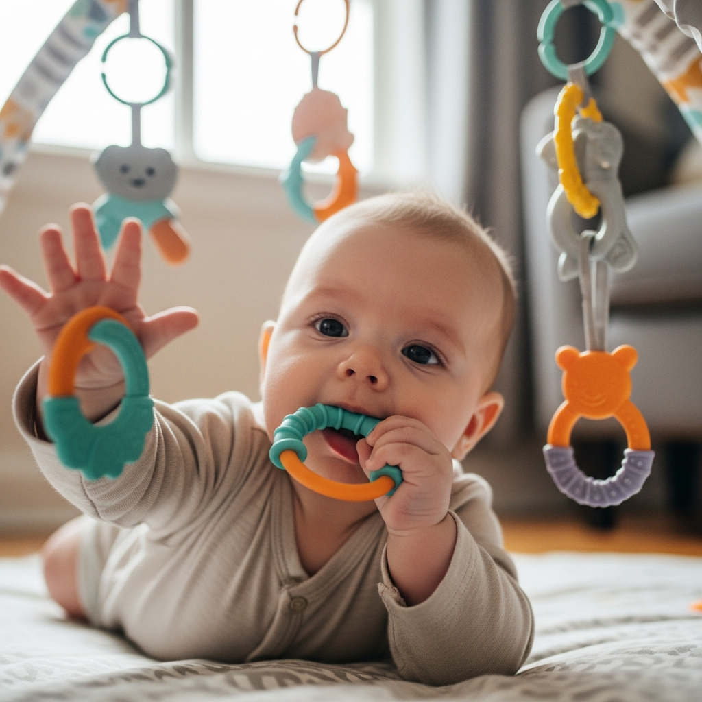 Desarrollo de coordinación ojo-mano con juguetes para agarrar Ilustración de bebé agarrando y explorando juguetes de dentición para desarrollo infantil