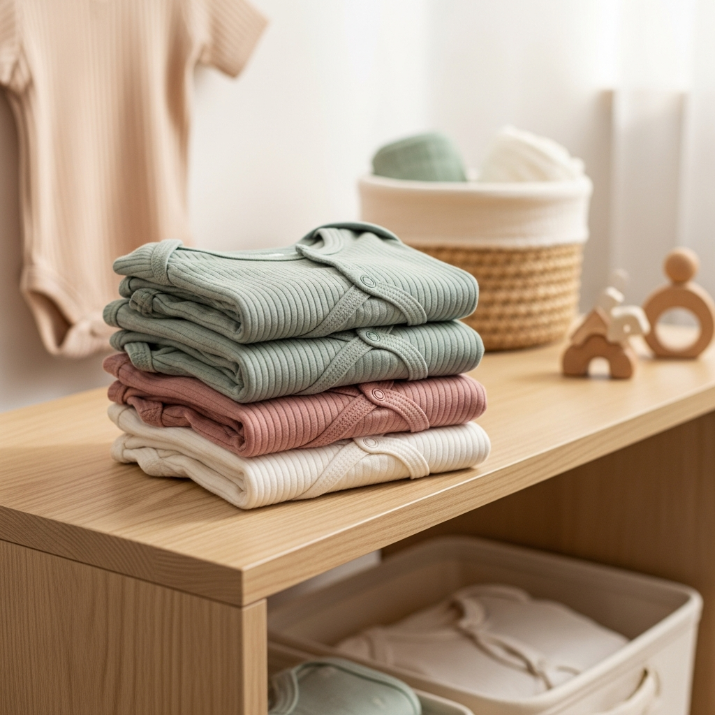 Wie man Bambus-Babykleidung wäscht Pflegetipps gefalteter Stapel auf dem Kinderzimmerregal, warme häusliche Atmosphäre