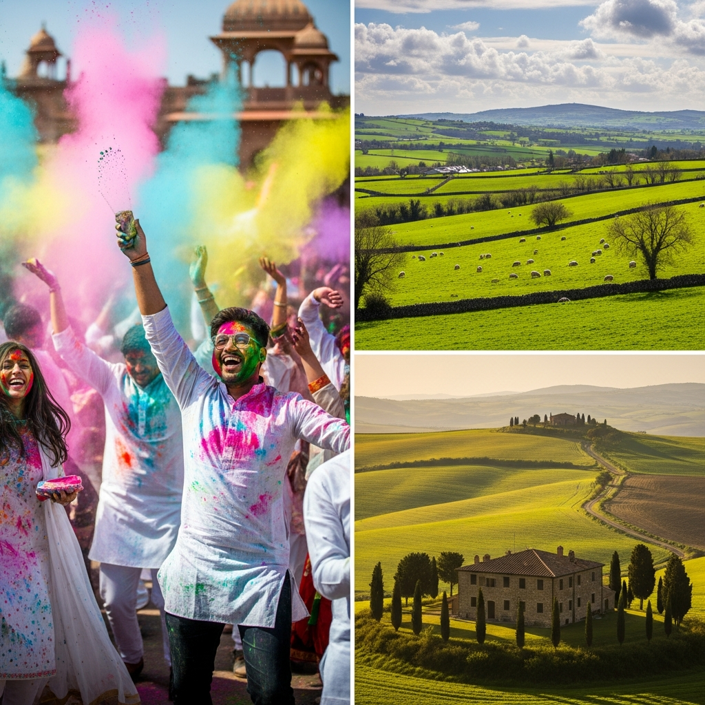 Festivals culturels printaniers : Holi en Inde, paysages d'Irlande, campagne de Toscane Italie