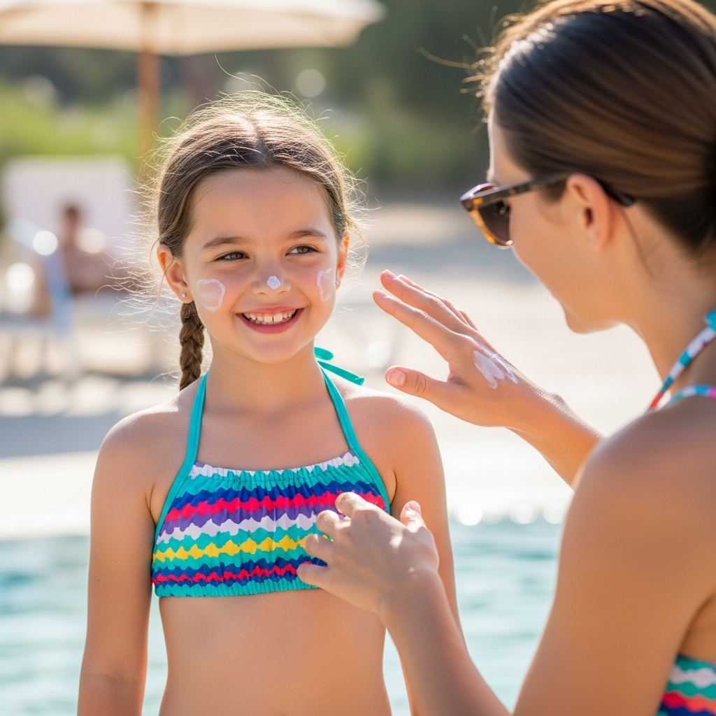Young girl in two-piece swimsuit at beach with mother applying sunscreen, Disney swimwear for kids outdoors