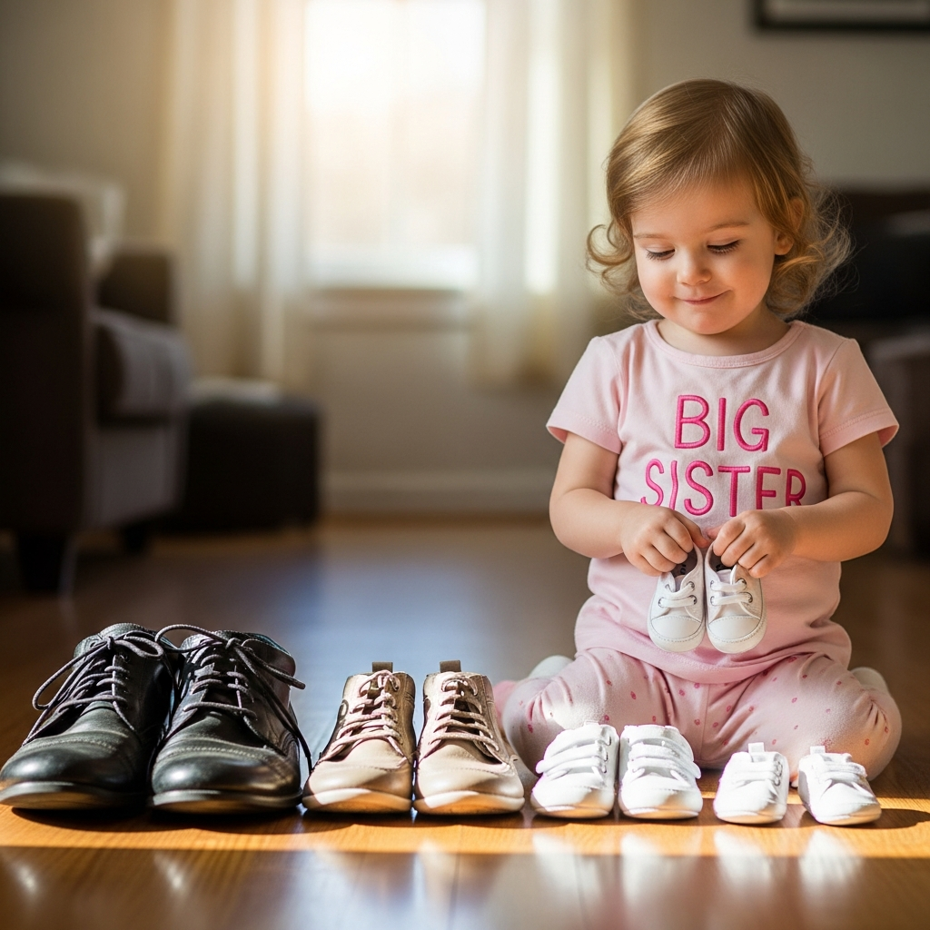Pregnancy announcement with siblings showing toddler in big sister shirt holding tiny baby shoes, family shoe lineup from large to small