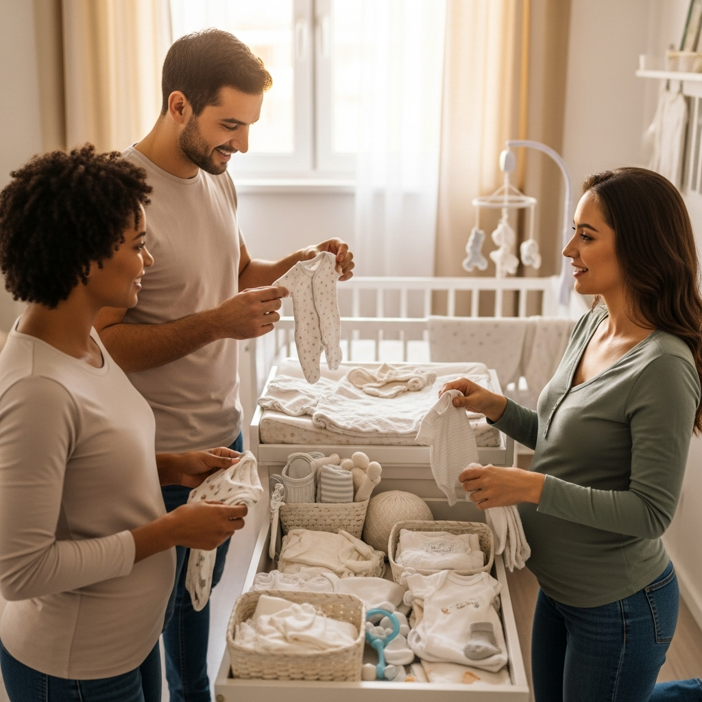 Werdende Eltern bereiten Baby-Essentials und Kinderzimmer für erstes Baby vor