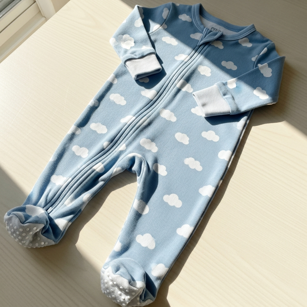 Baby Reißverschluss-Fußpyjamas, die einfachen Windelwechsel-Zugang demonstrieren