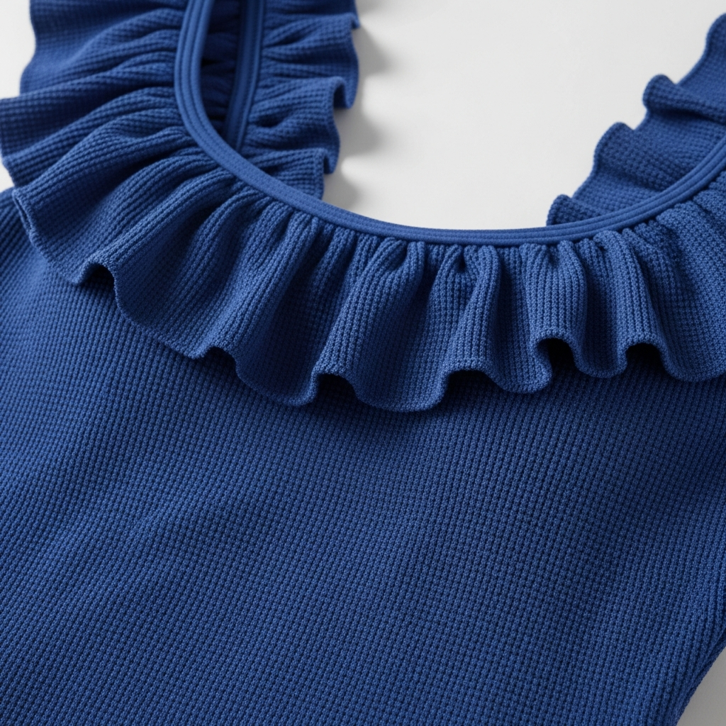 Blaues Rüschen-Einteiler-Badeanzug-Detail-Nahaufnahme