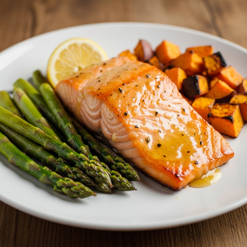 Recette de saumon glacé au miel et citron avec légumes rôtis pour la vitamine D pendant la grossesse