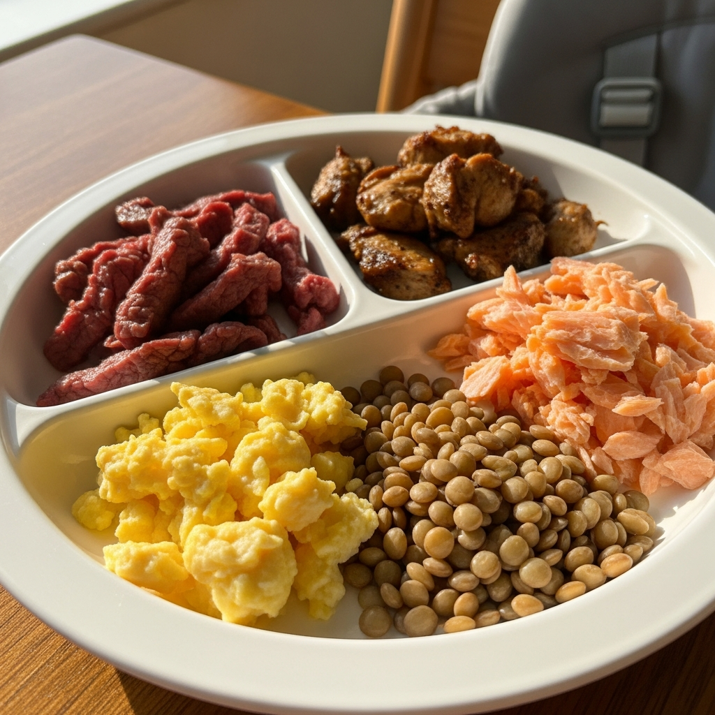 Eisenreiche Fingerfoods für Babys einschließlich weichem Fleisch und Rühreiern