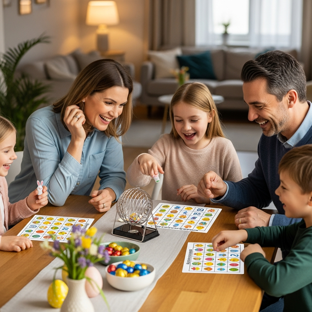 Niños y padres disfrutando juegos de fiesta de Pascua sin desorden adentro