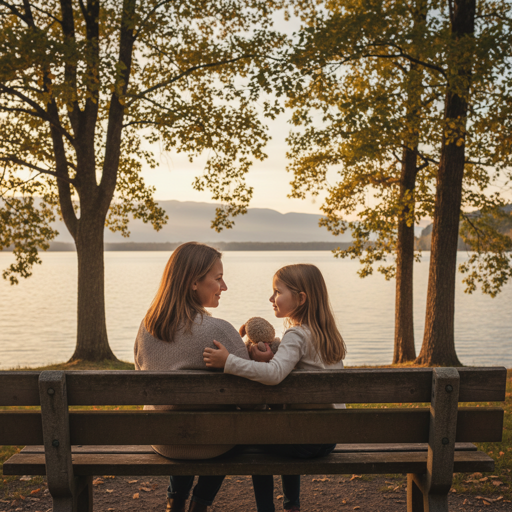 Parent and child calm conversation about climate change, visual guide for eco-conscious families