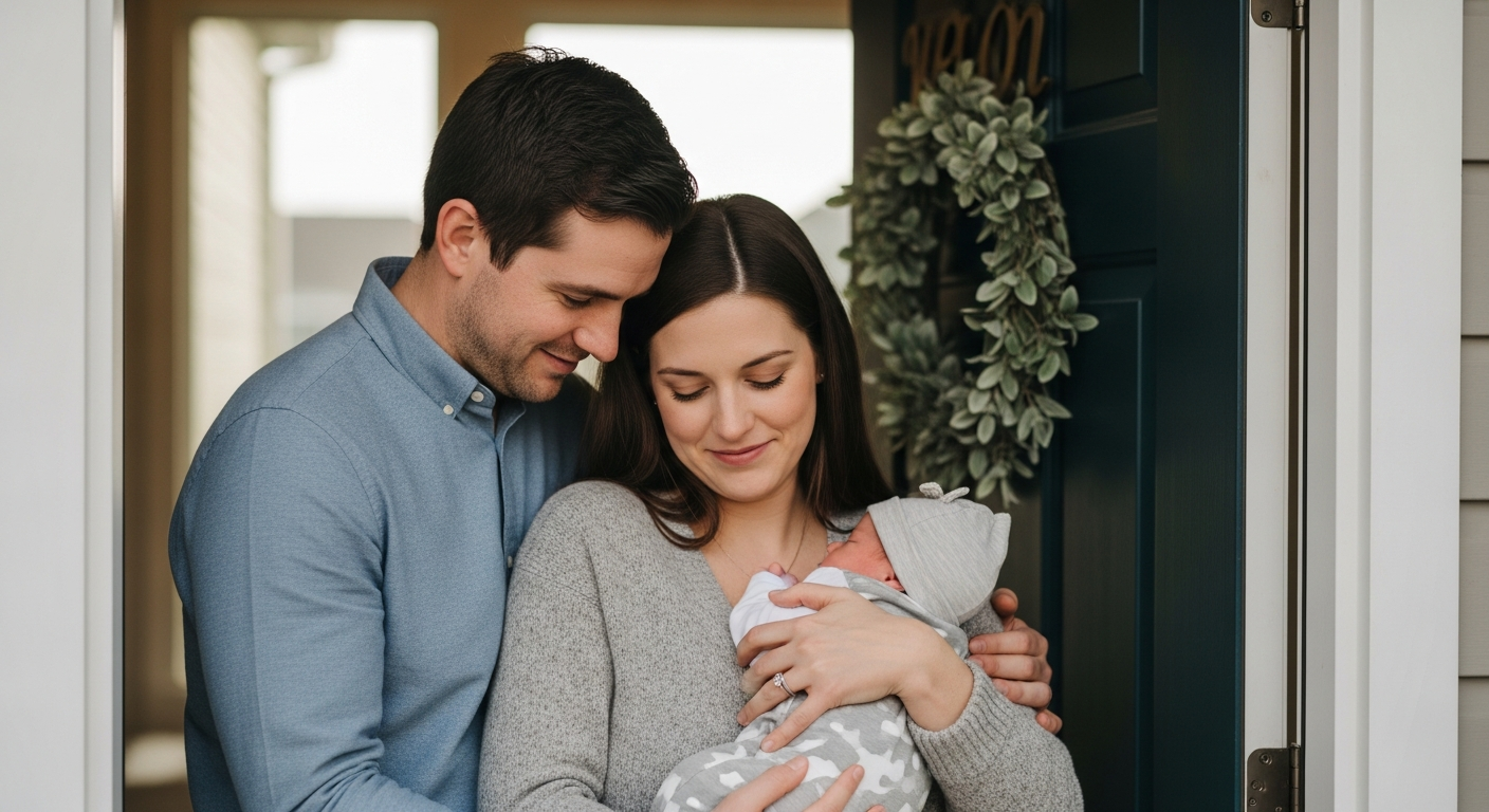Nouveaux parents ramenant un nouveau-né à la maison de l'hôpital dans une tenue de retour à la maison