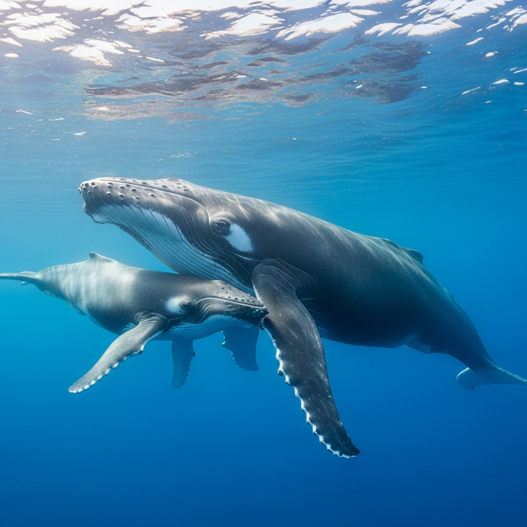 Humpback whale mother and calf swimming together in Hawaiian waters Maui
