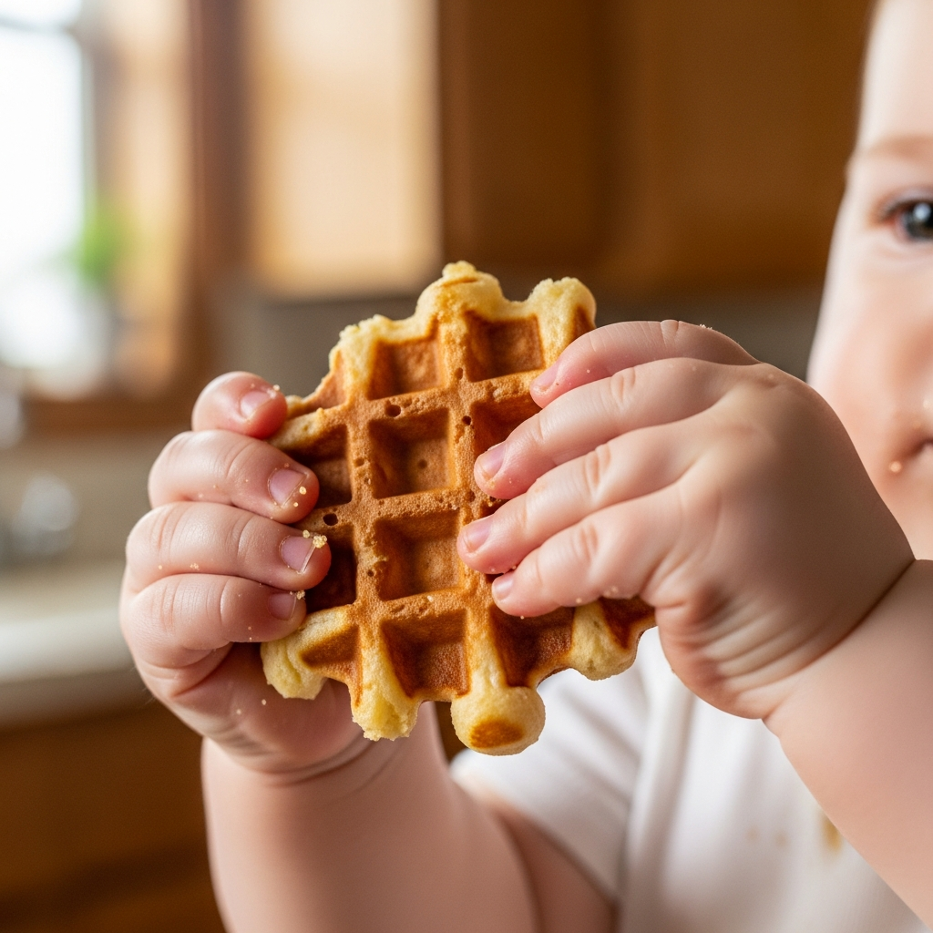 Baby selbstessend mit Mini-Waffel, die einfache Griffrillen zeigt