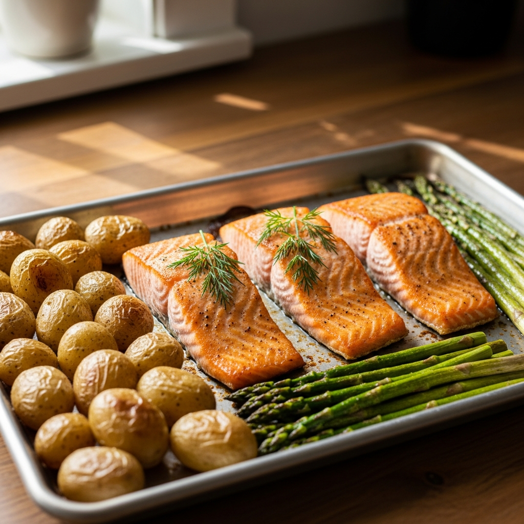 Schnelles Blechpfanne-Lachs-Abendessen Blechpfanne-Lachs mit gerösteten Kartoffeln und Spargel für schnelles Frühlingsabendessen