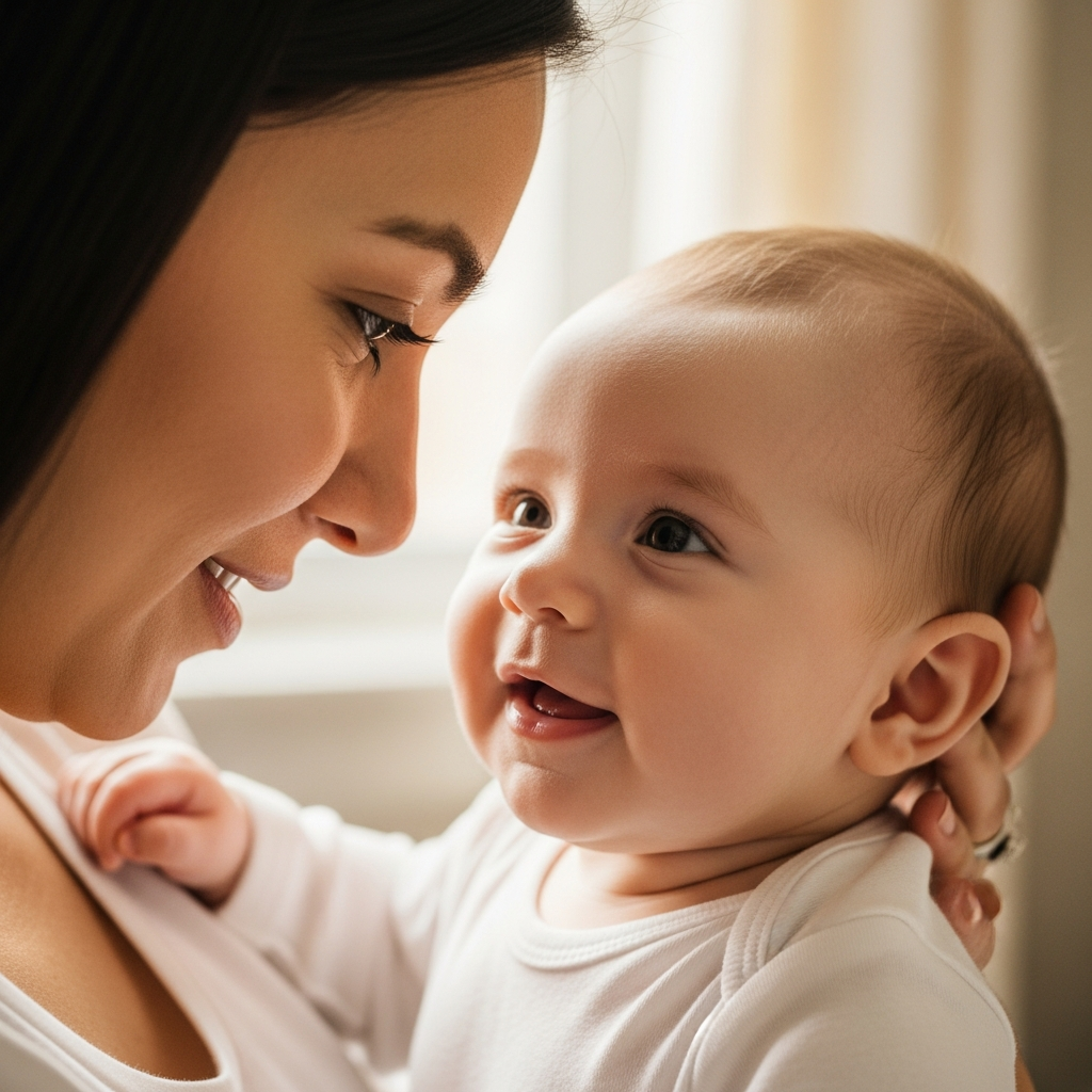 Parent bonding with 2 month old baby showing social smile milestone