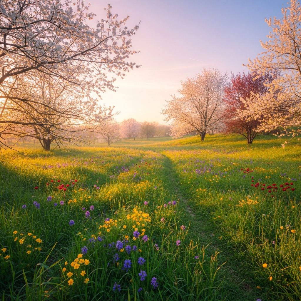 Serene spring meadow with wildflowers and blooming trees