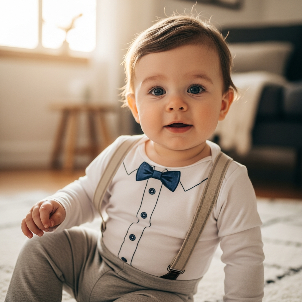 Baby boy in bow tie onesie with suspender print for New Year