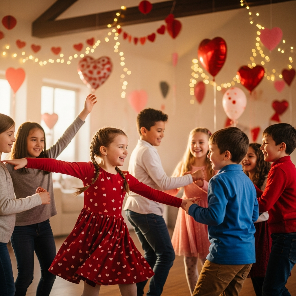 Kinder genießen Valentinstagslieder auf einer Freundschaftsparty
