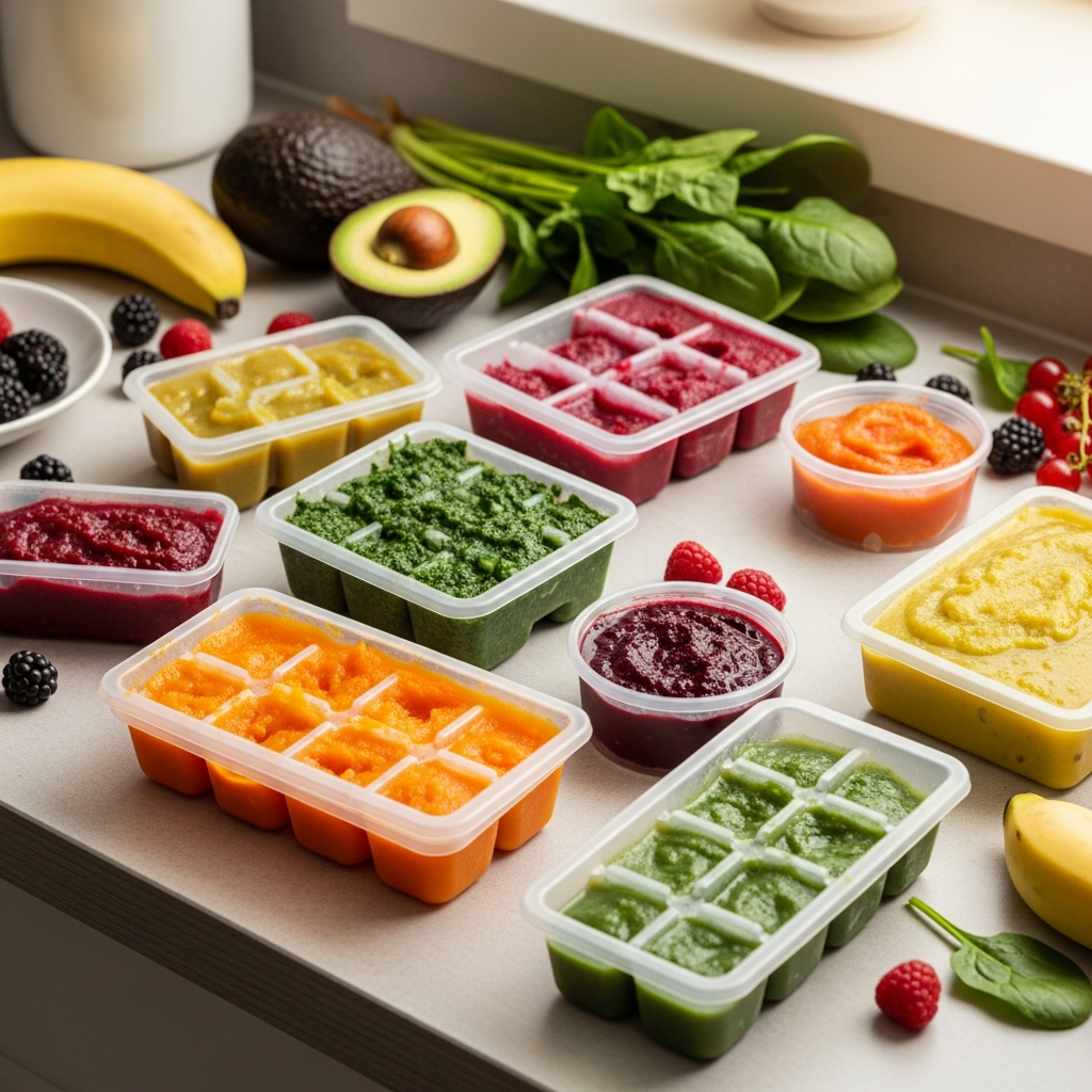 Bunte Babynahrungspürees in Eiswürfelschalen für die Mahlzeitvorbereitung