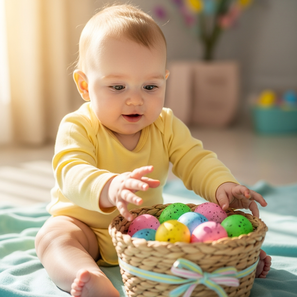 Bébé de 6 mois assis avec panier de Pâques tendant la main vers les œufs