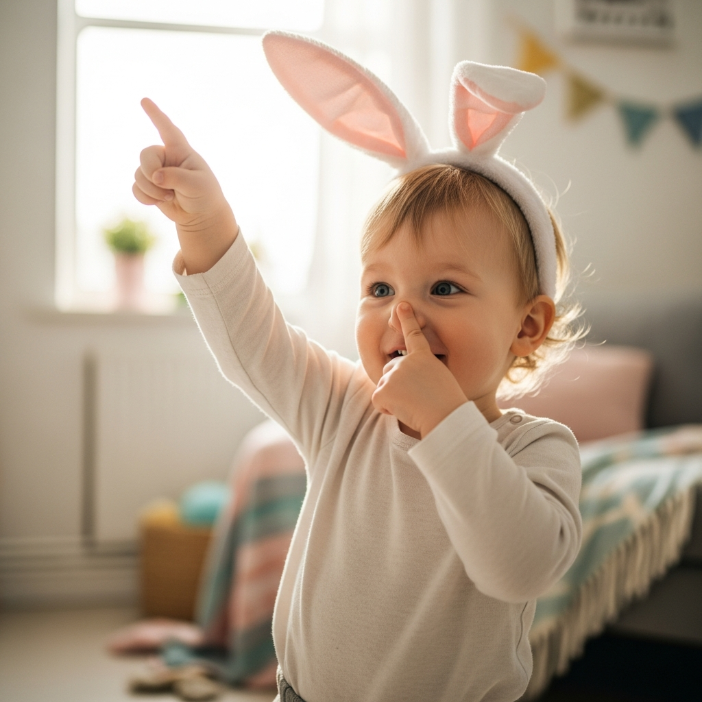 Toddler performing Easter song actions with bunny ears