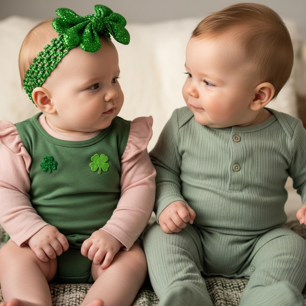 Bebé niña con atuendo rosa y verde para el Día de San Patricio con diadema de trébol, guía visual para padres