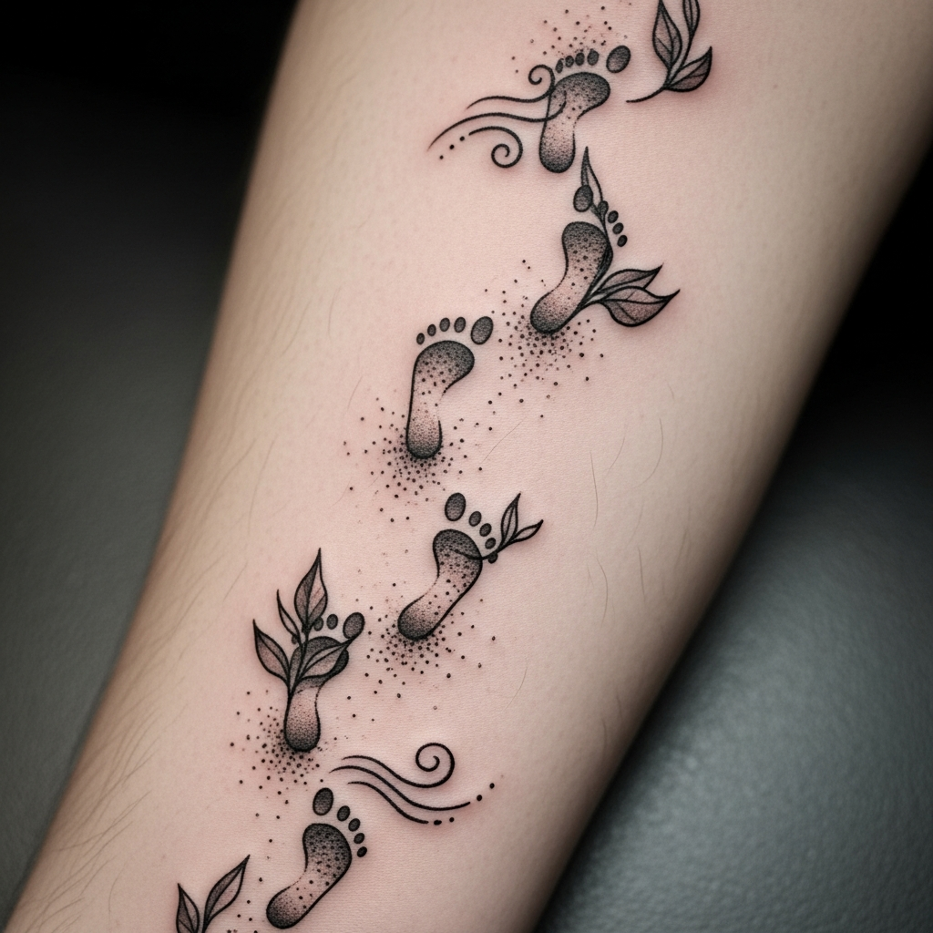 Diseño de Tatuaje con Nombre de Bebé y Huella Ejemplo de tatuaje con nombre de bebé y diseño de huella mostrando trabajo de tinta detallado