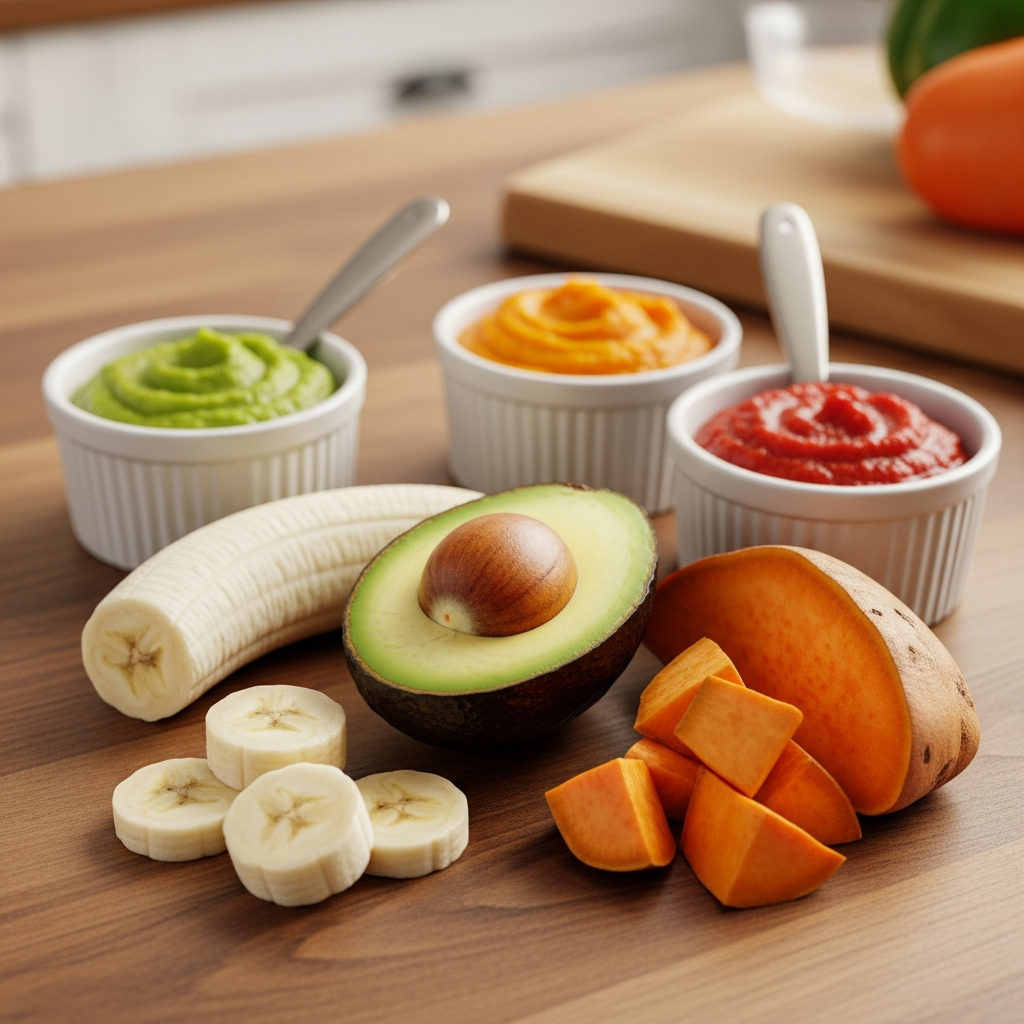 Vielfalt nährstoffreicher erster Lebensmittel, einschließlich Süßkartoffel und Avocado für Babys