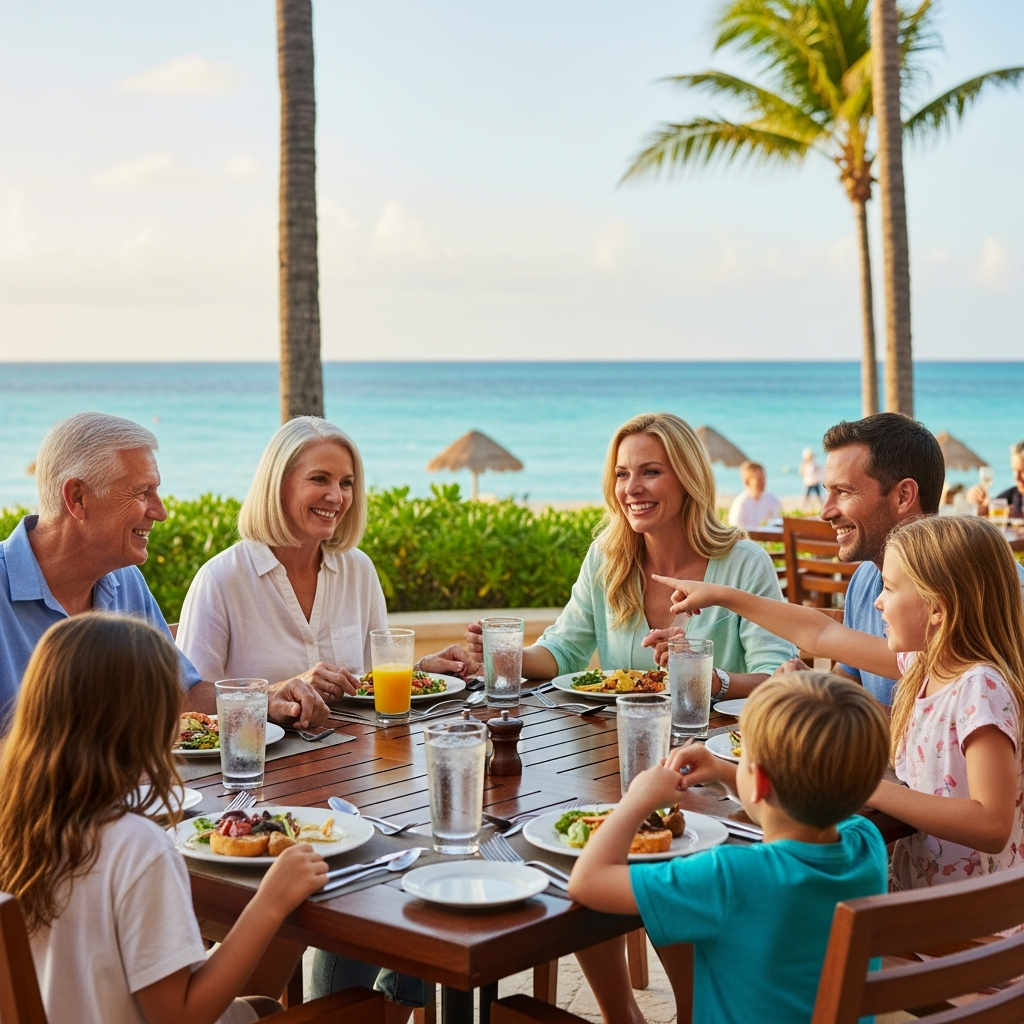 Familien-Essenserlebnisse bei All-Inclusive-Resorts Mehrgenerationale Familie beim gemeinsamen Essen in einem beachfront Resort mit Meerblick