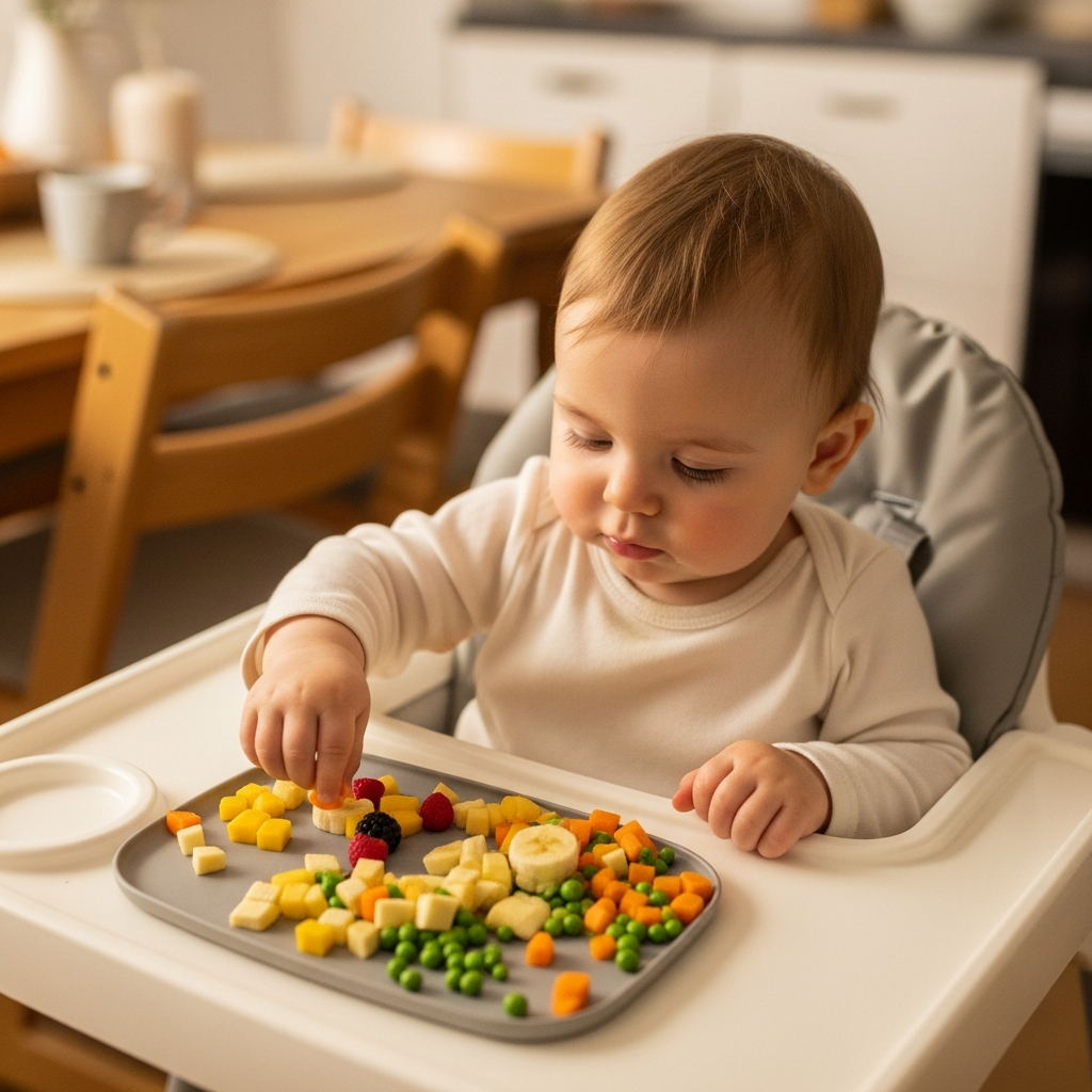 Baby mit Pinzettengriff nimmt mundgerechte BLW-Lebensmittelstücke mit 9 bis 12 Monaten auf