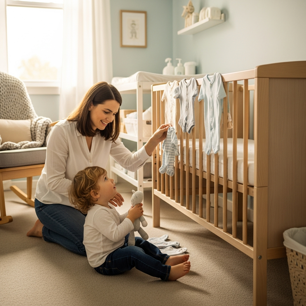 Famille préparant la nursery pour l'arrivée du nouveau bébé avec le frère ou la sœur aîné
