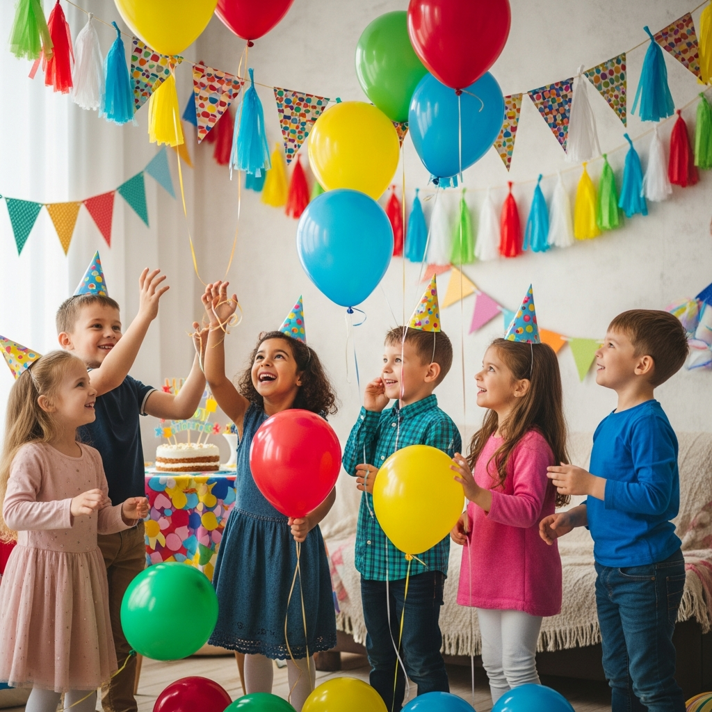 Preschool children at colorful birthday party with balloons