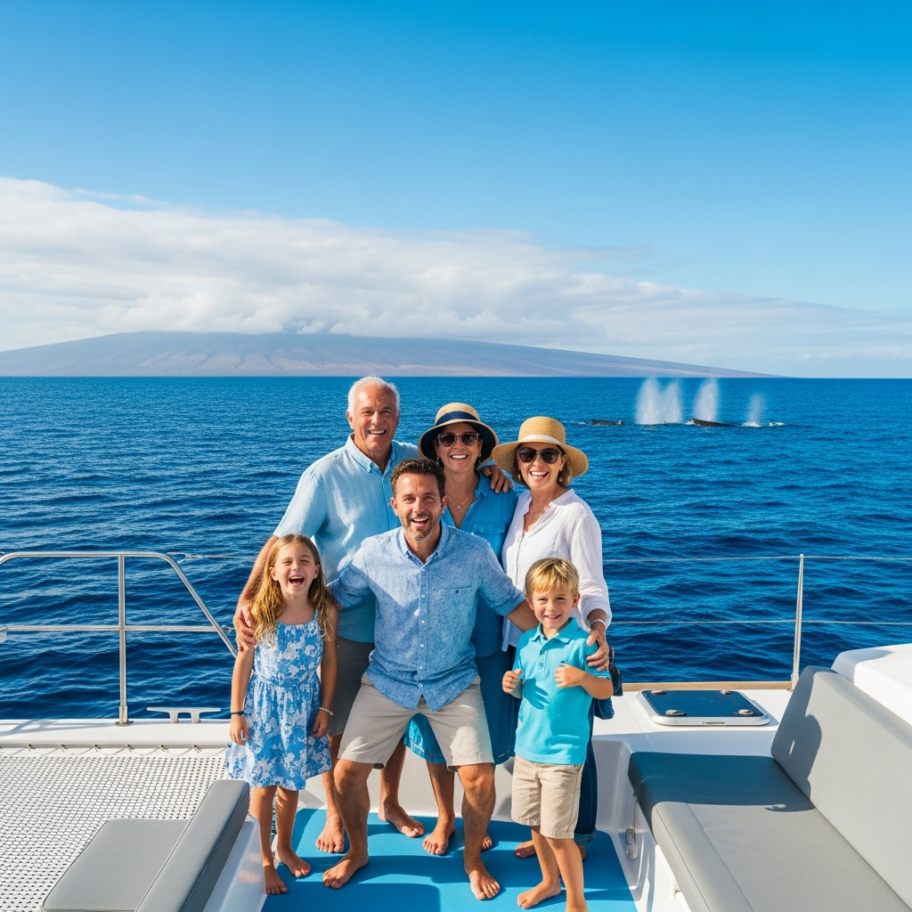 Multigenerational family enjoying whale watching tour together in Maui