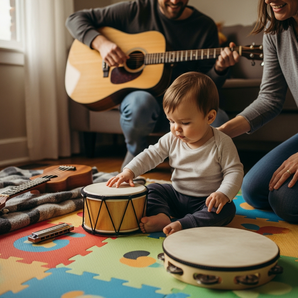 Escena familiar de nombres musicales de género neutro con bebé