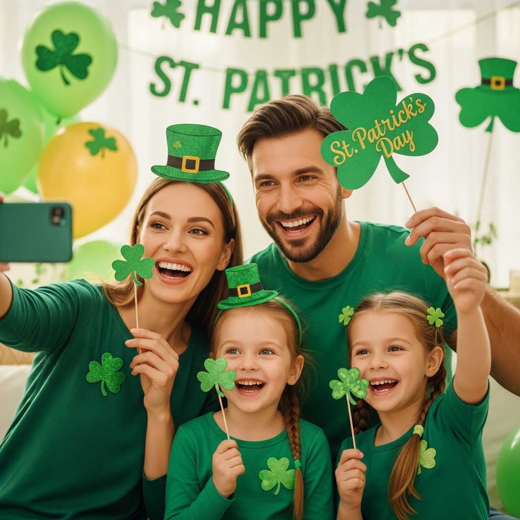 Family St. Patrick's Day celebration with matching green outfits