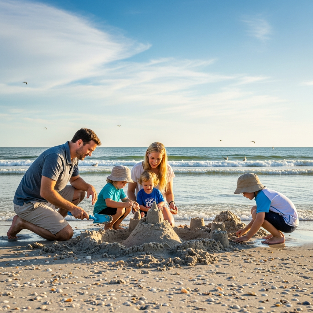 Family sandcastle building at calm Gulf Coast Florida beach
