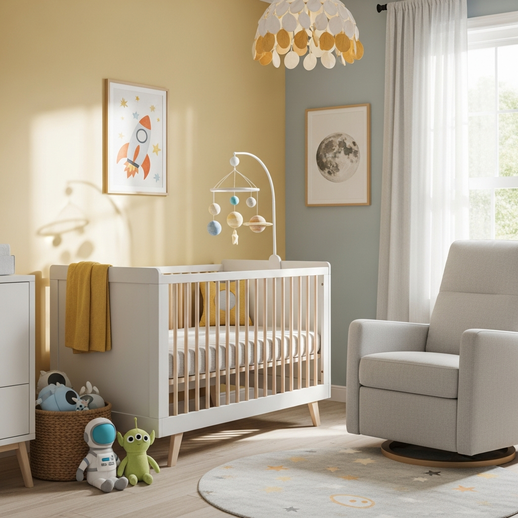 Habitación de bebé de género neutral con decoración temática espacial