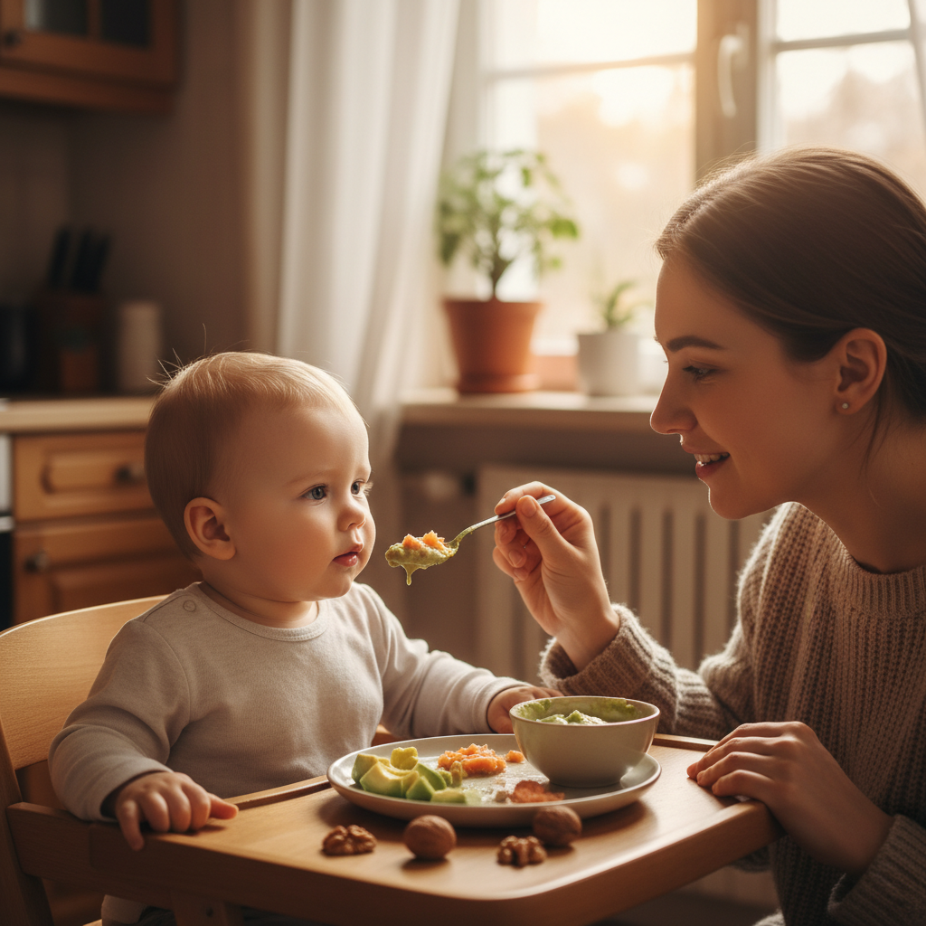 Guía visual de comida para bebé con grasas saludables para el desarrollo cerebral para nuevas madres