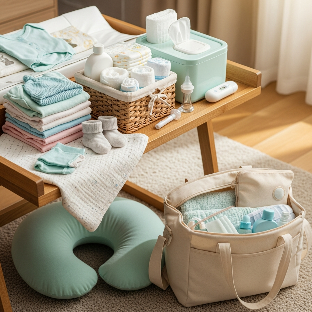 Artículos esenciales de preparación para bebé y planificación de nursery Esenciales de preparación para bebé incluyendo ropa y artículos de nursery para nuevas madres