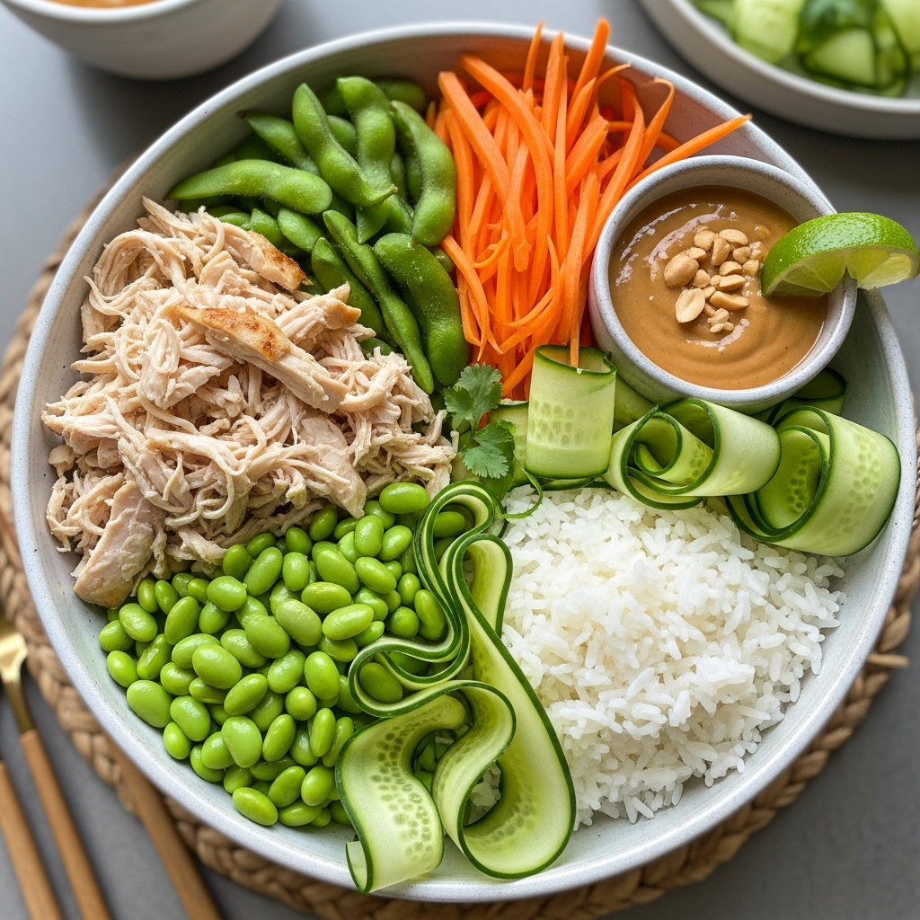 Kinderfreundliche anpassbare Frühlingsroll-Bowl Bunte Frühlingsroll-Bowl mit Hähnchen und Gemüse für Kinder