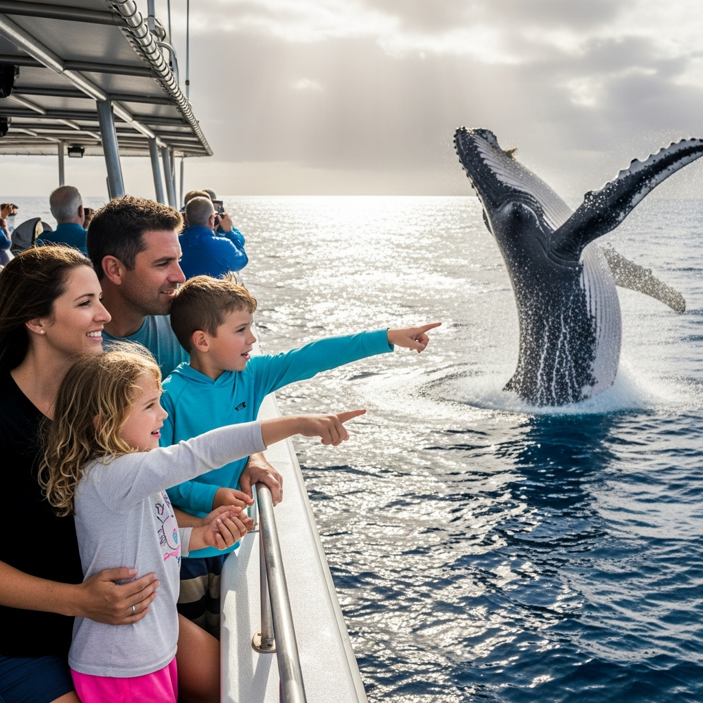 Family whale watching off Maui coast during spring break illustration for families