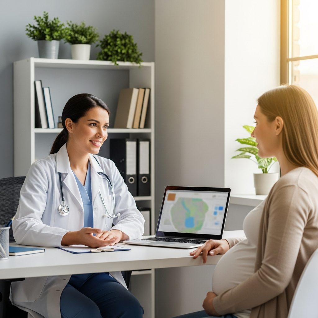 Healthcare provider discussing pregnancy travel safety with expecting mother