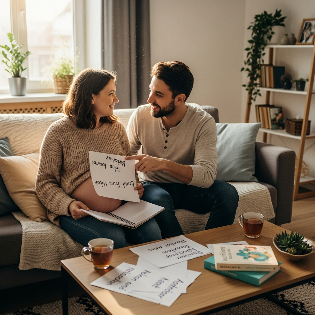 Pareja expectante discutiendo opciones de nombres de bebé juntos en casa