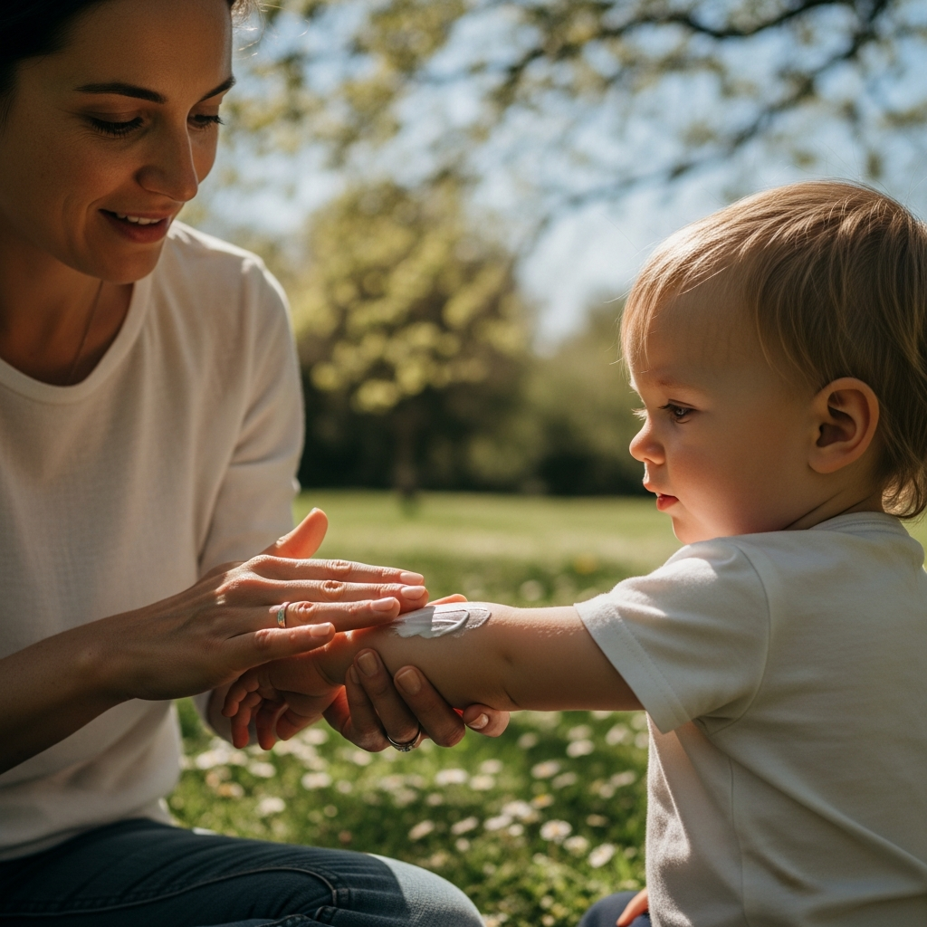 Elternteil trägt mineralische Sonnencreme auf Kleinkind im Freien auf für Frühlingshautschutz