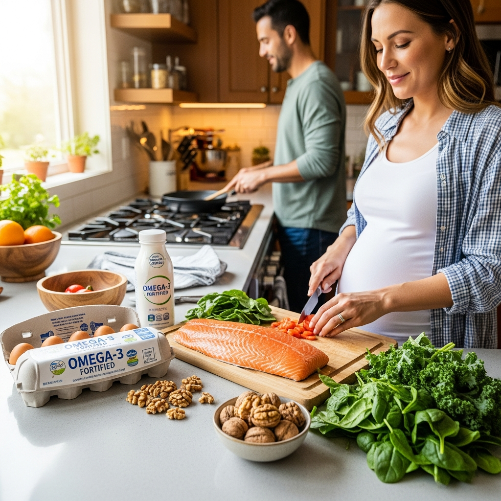 Fuentes alimenticias ricas en DHA seguras durante el embarazo Alimentos ricos en omega-3 para el embarazo incluyendo salmón, nueces y verduras de hoja verde