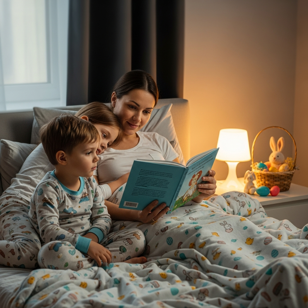 Ritual acogedor de lectura de Pascua a la hora de dormir unión padre hijo