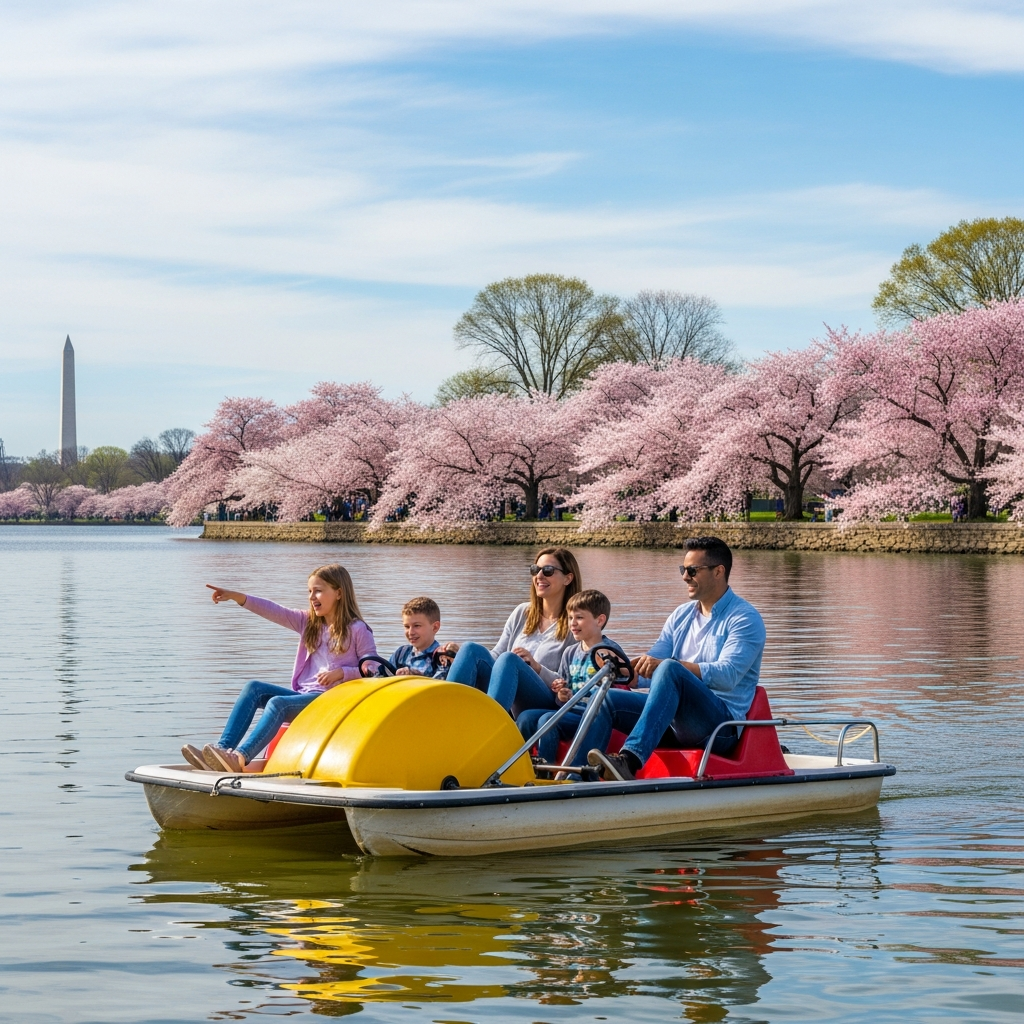 Family paddle boats Tidal Basin cherry blossoms DC spring activity for kids