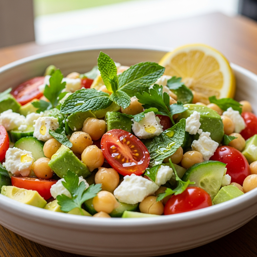 Salade méditerranéenne de pois chiches et avocat, repas protéiné pour la grossesse